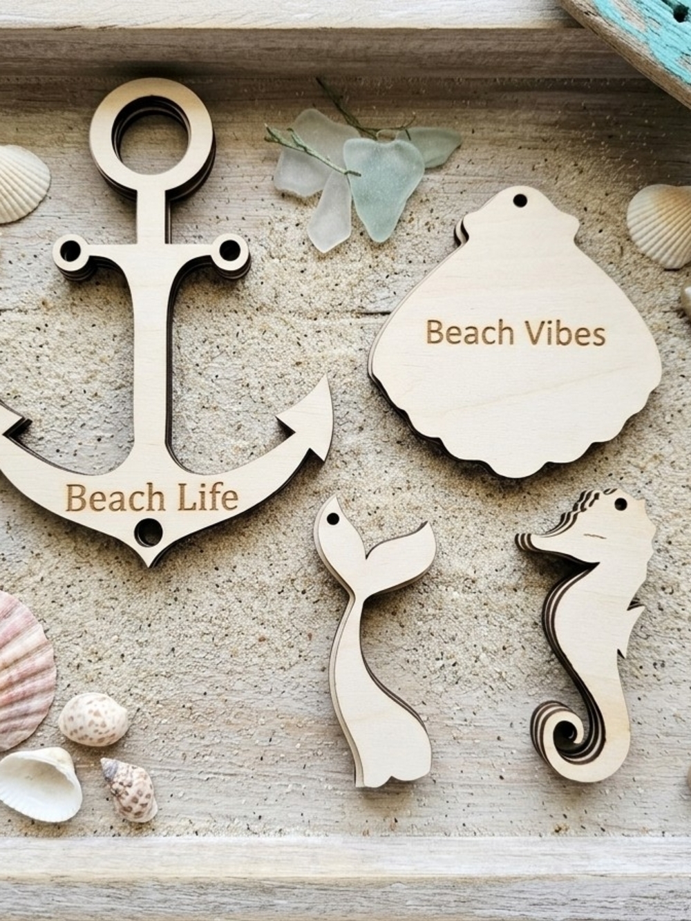 Wooden Beach Wall Decor Set - Natural Wood Anchor, Shell, Seahorse & Tail